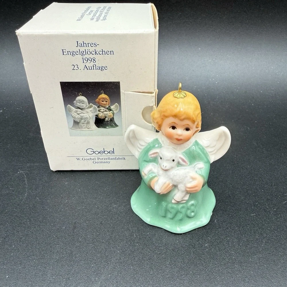 Goebel 1998 Angel Bell Ornament with Lamb Green with Box EUC